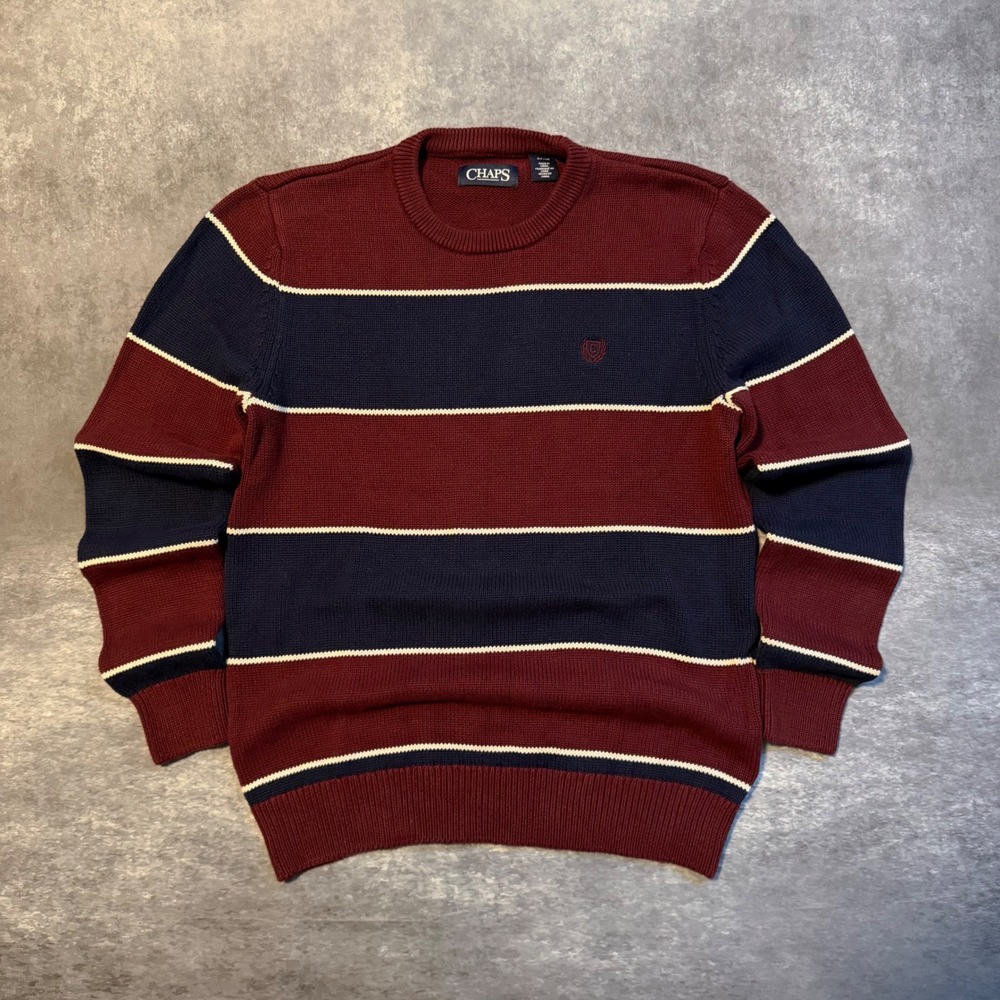 Chaps Mens Small Striped Crewneck Sweater Burgundy Navy Blue Cotton Knit